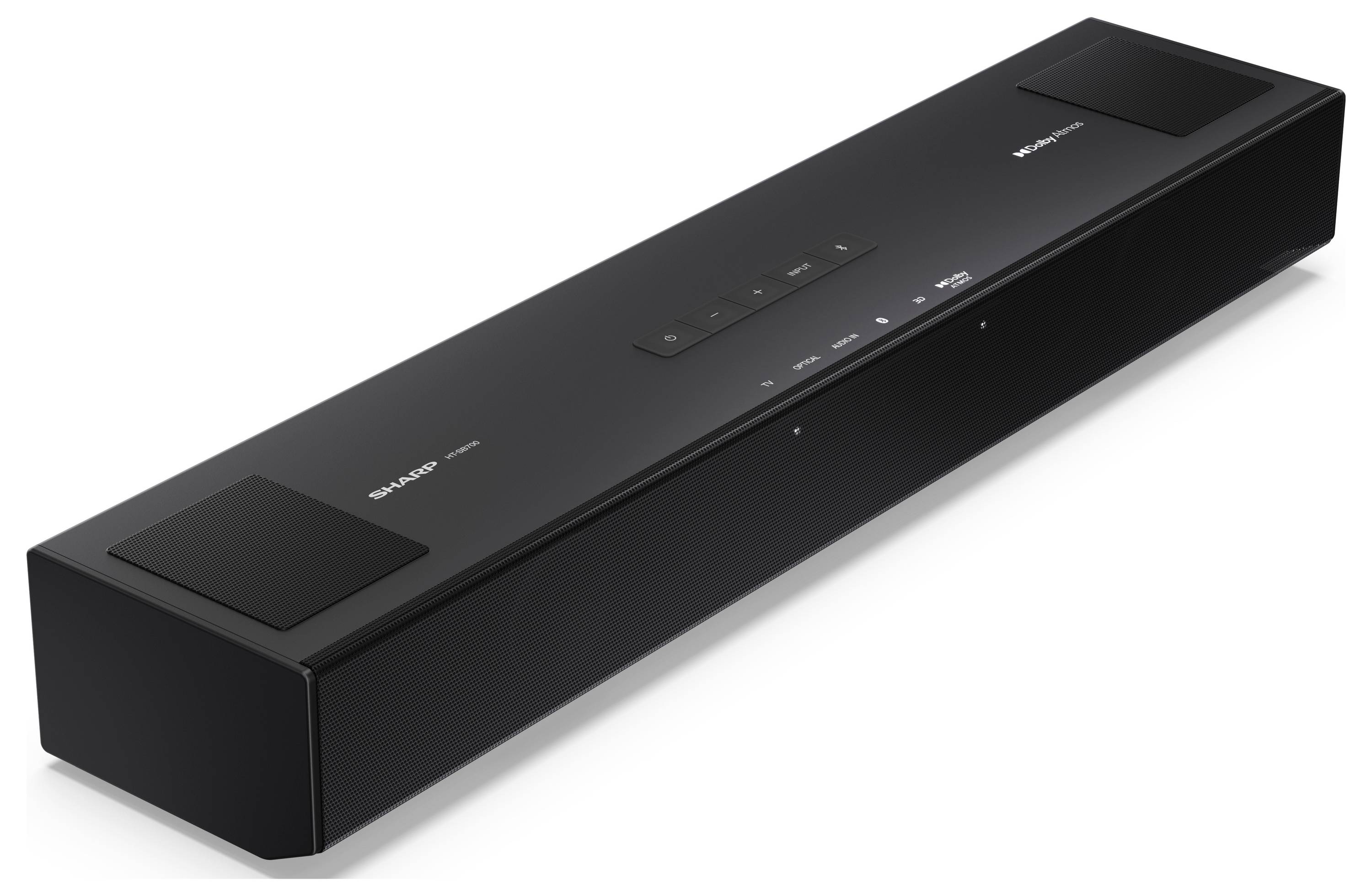Soundbar nero rettangolare con pulsanti di controllo sulla parte superiore e marchio sul pannello anteriore.