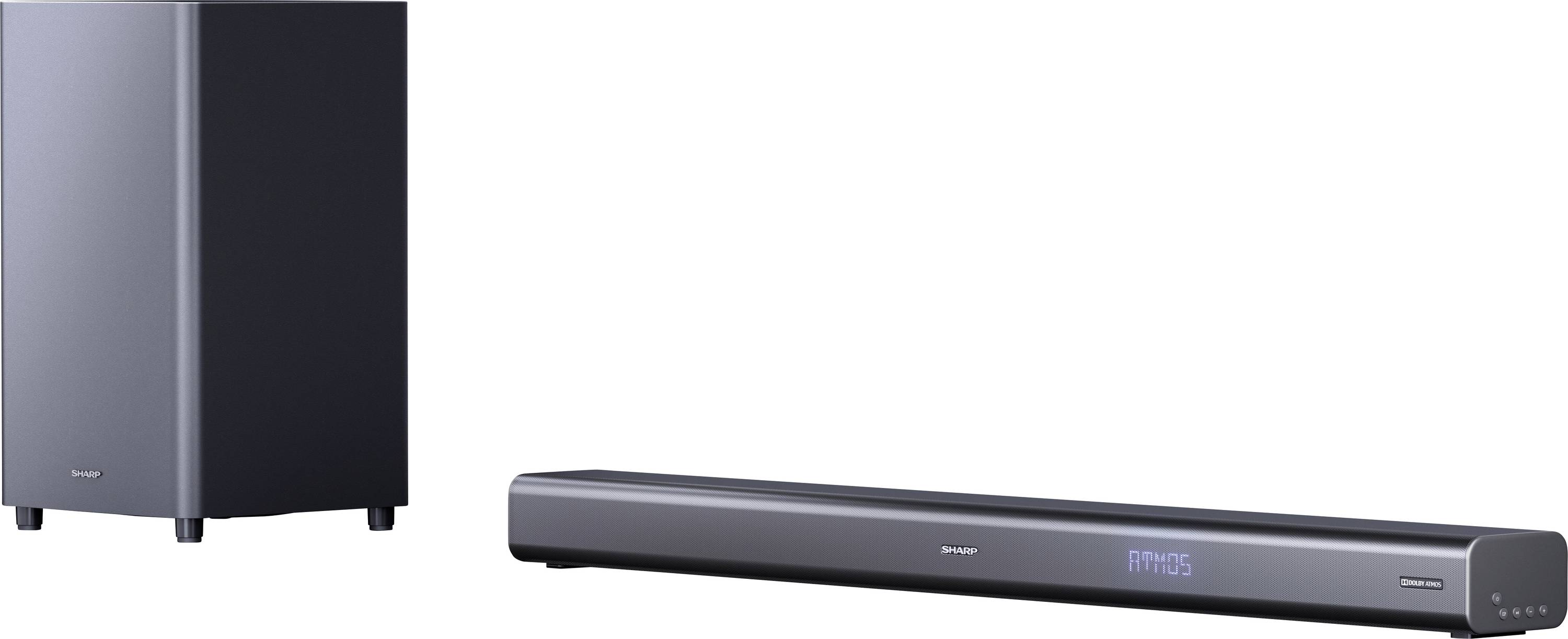 Una soundbar nera e un subwoofer wireless progettati per sistemi home theater. La soundbar mostra 'ATMOS' sul suo display frontale.