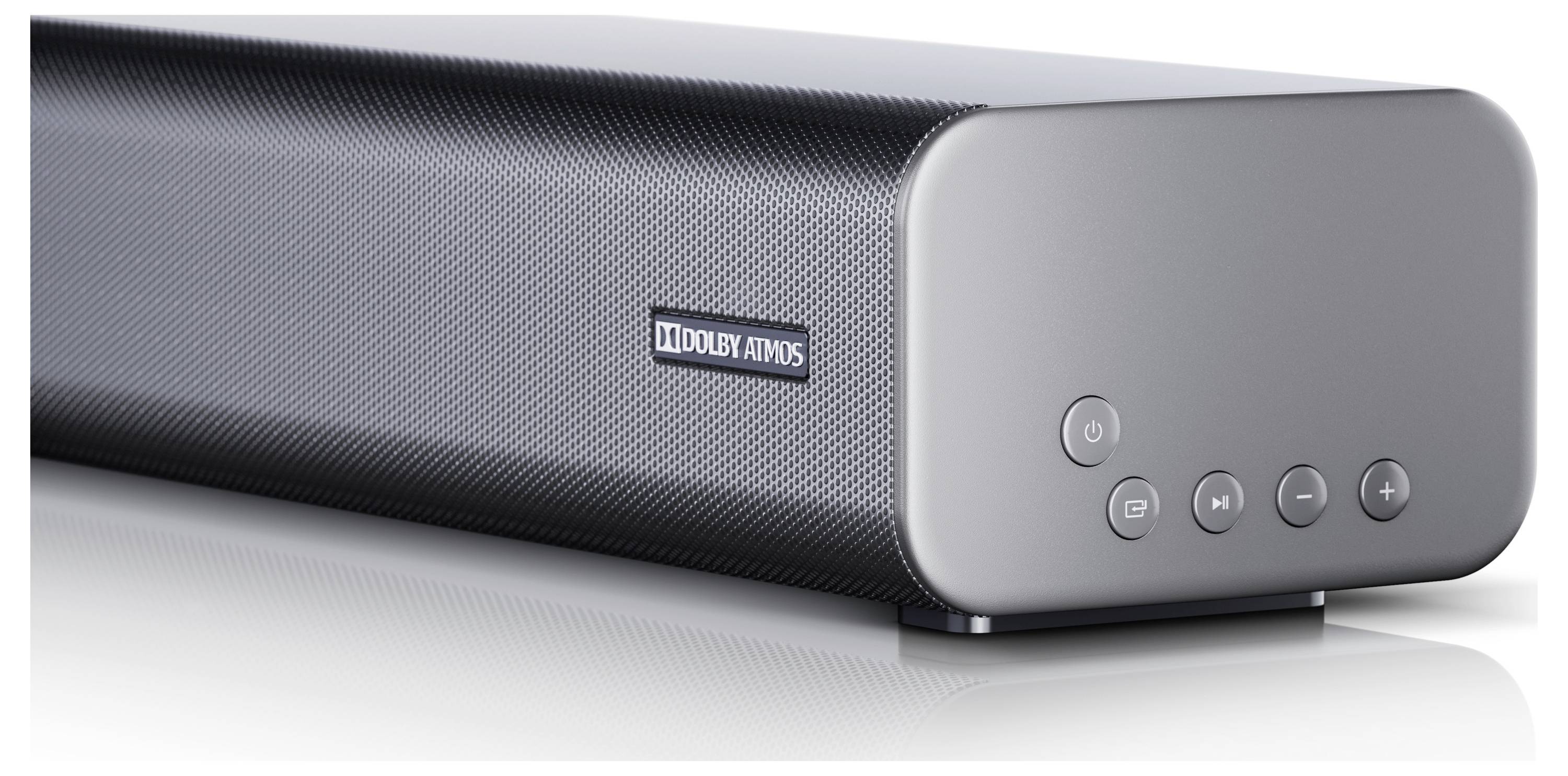 Una soundbar grigia elegante con un'etichetta 'Dolby Atmos' sul davanti, dotata di pulsanti di controllo sul lato, progettata per esperienze audio avanzate.