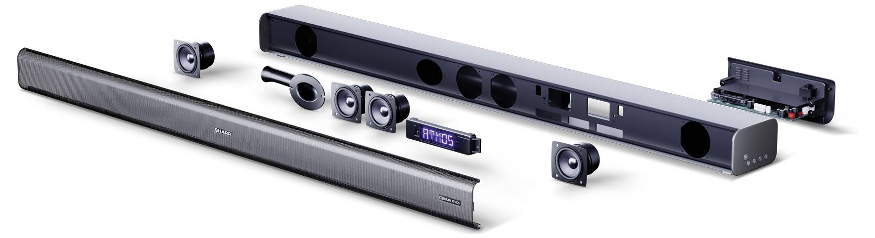 Una soundbar smontata che mostra i suoi componenti interni, compresi gli altoparlanti e la scheda elettronica, disposti accanto all'involucro esterno.