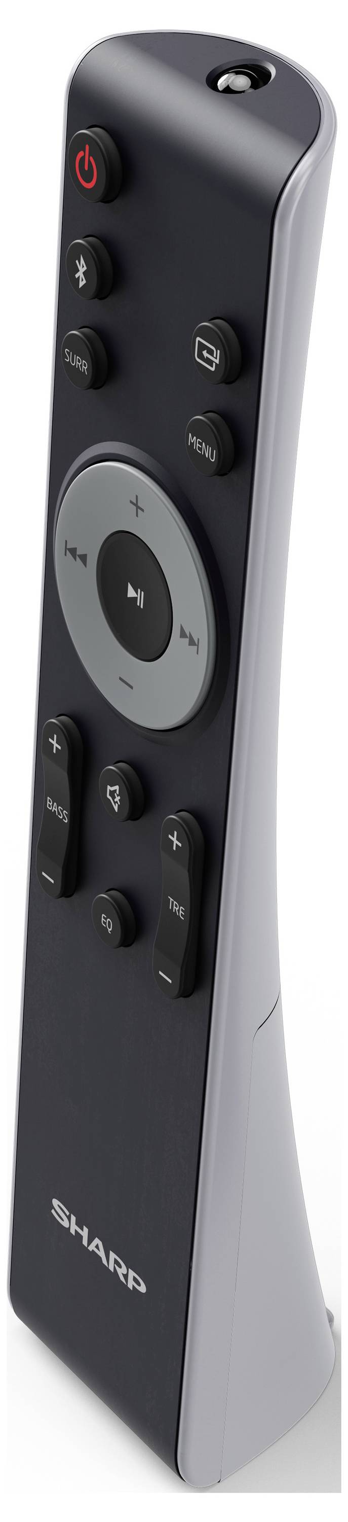Un telecomando nero e grigio con tasti per l'accensione, il volume, la riproduzione e la navigazione del menu, con il logo 'Sharp' in basso.