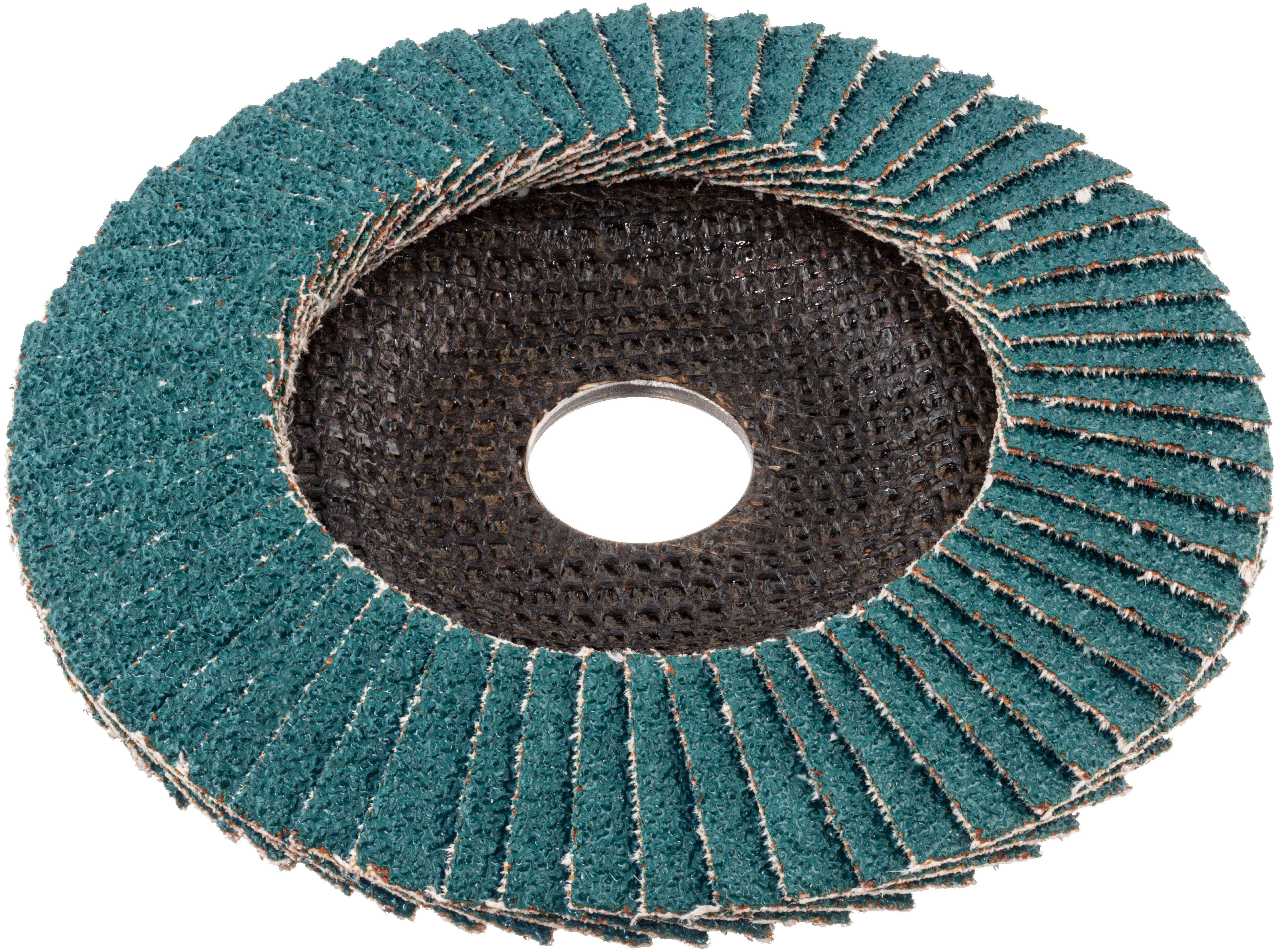 Un disco lamellare verde con strisce abrasive sovrapposte, utilizzato nelle smerigliatrici angolari per la finitura superficiale e la levigatura di materiali come metallo o legno.