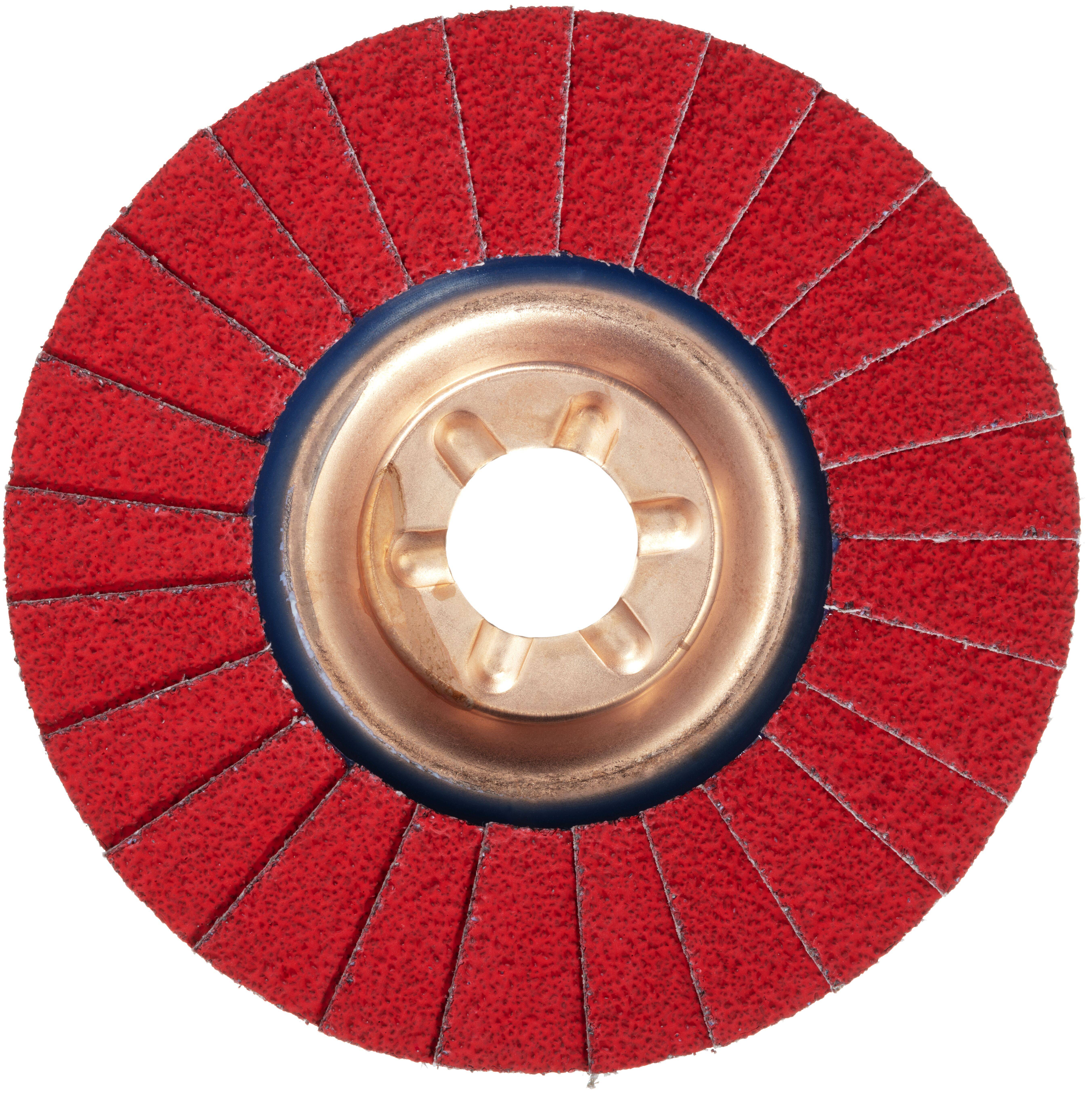 Disco lamellare abrasivo rosso con mozzo metallico centrale, utilizzato per la molatura e la finitura di superfici.