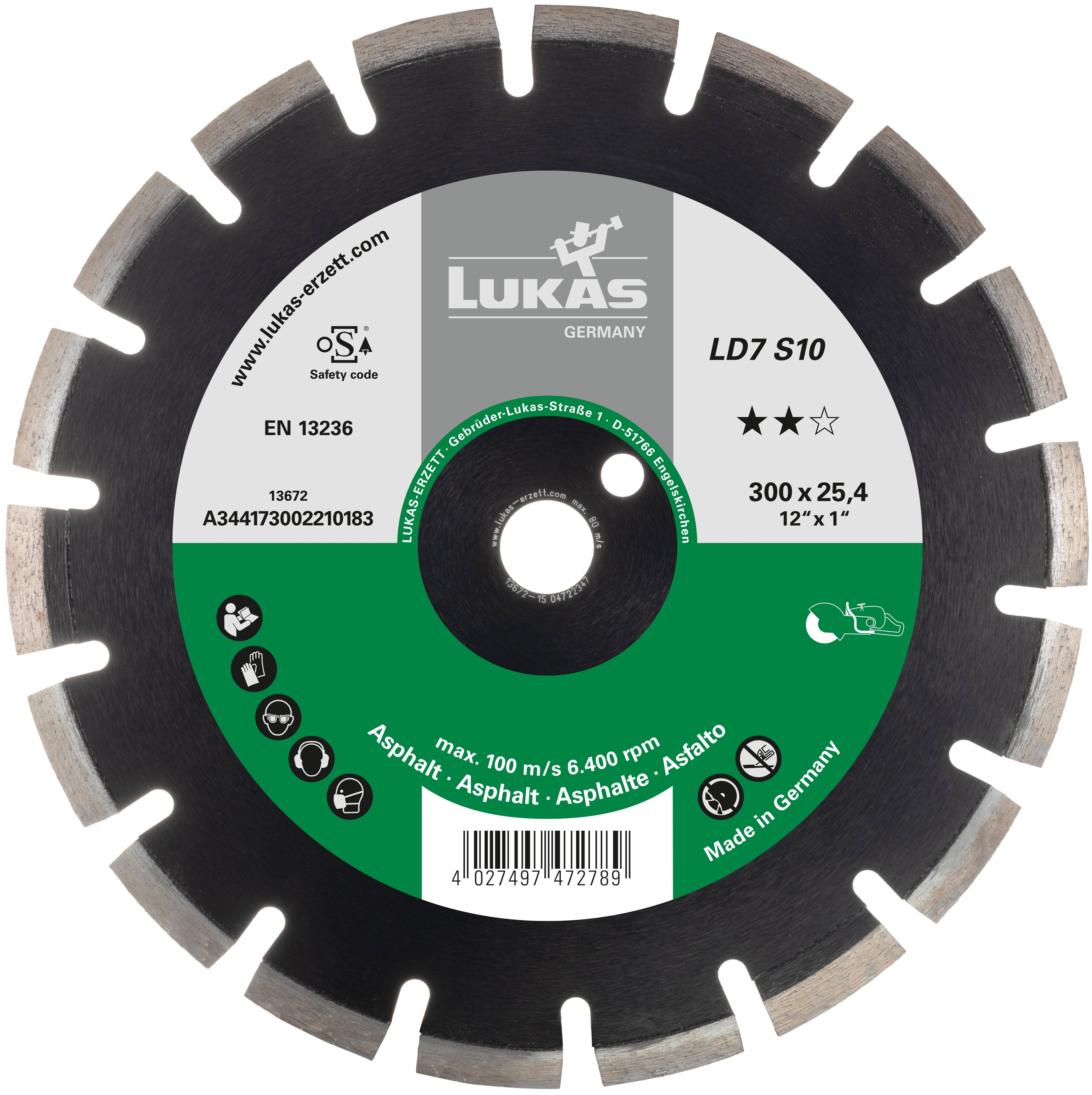 Lama da taglio con etichetta 'LUKAS', modello LD7 S10, per il taglio dell'asfalto. Specifiche: EN 13236, 300 x 25,4 mm, max 100 m/s. Prodotto in Germania.