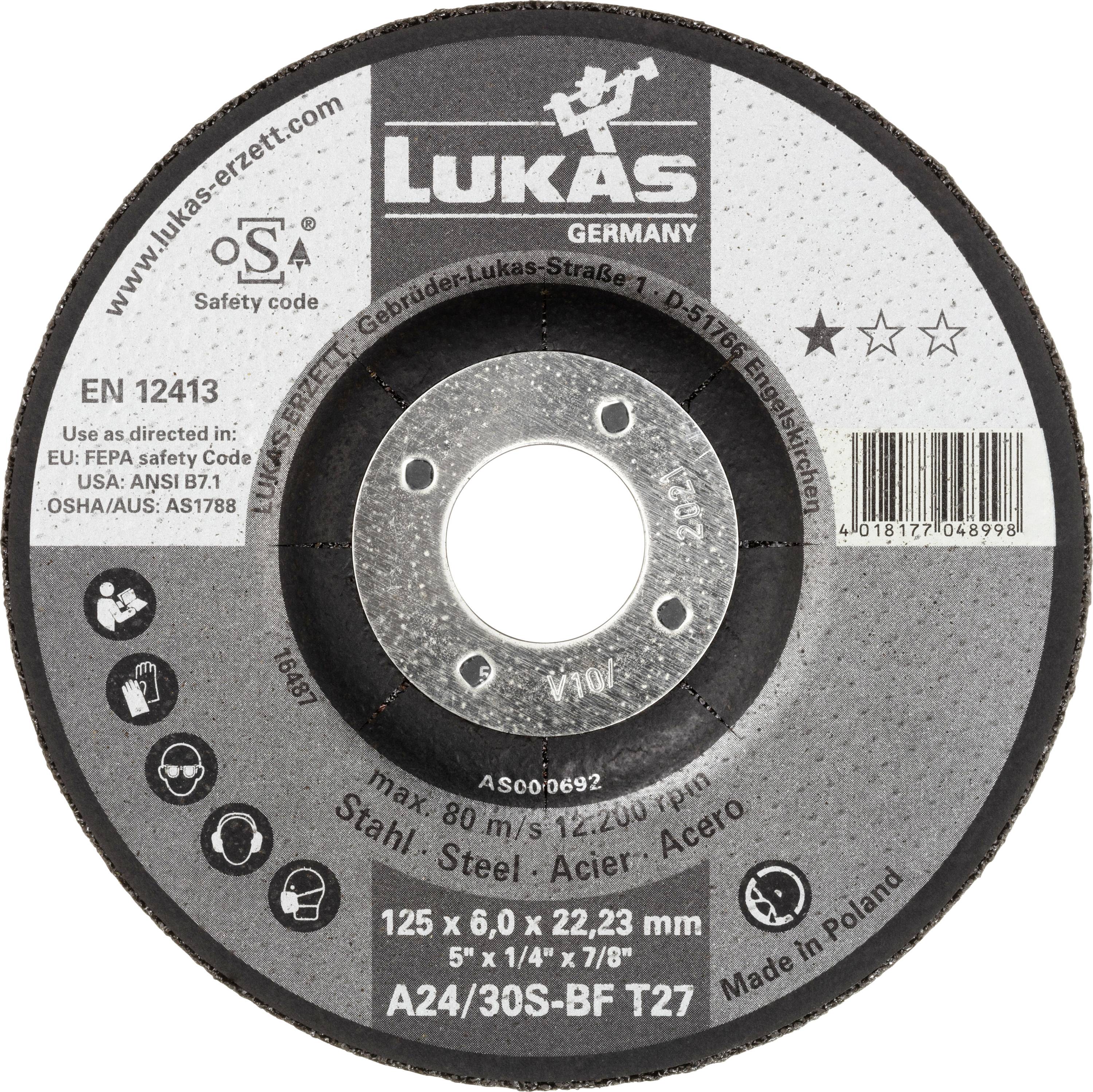 'Mola abrasiva marca LUKAS, 125 x 6,0 x 22,23 mm, A24/30S-BF T27, idonea per acciaio, codici di sicurezza inclusi, prodotta in Polonia.'