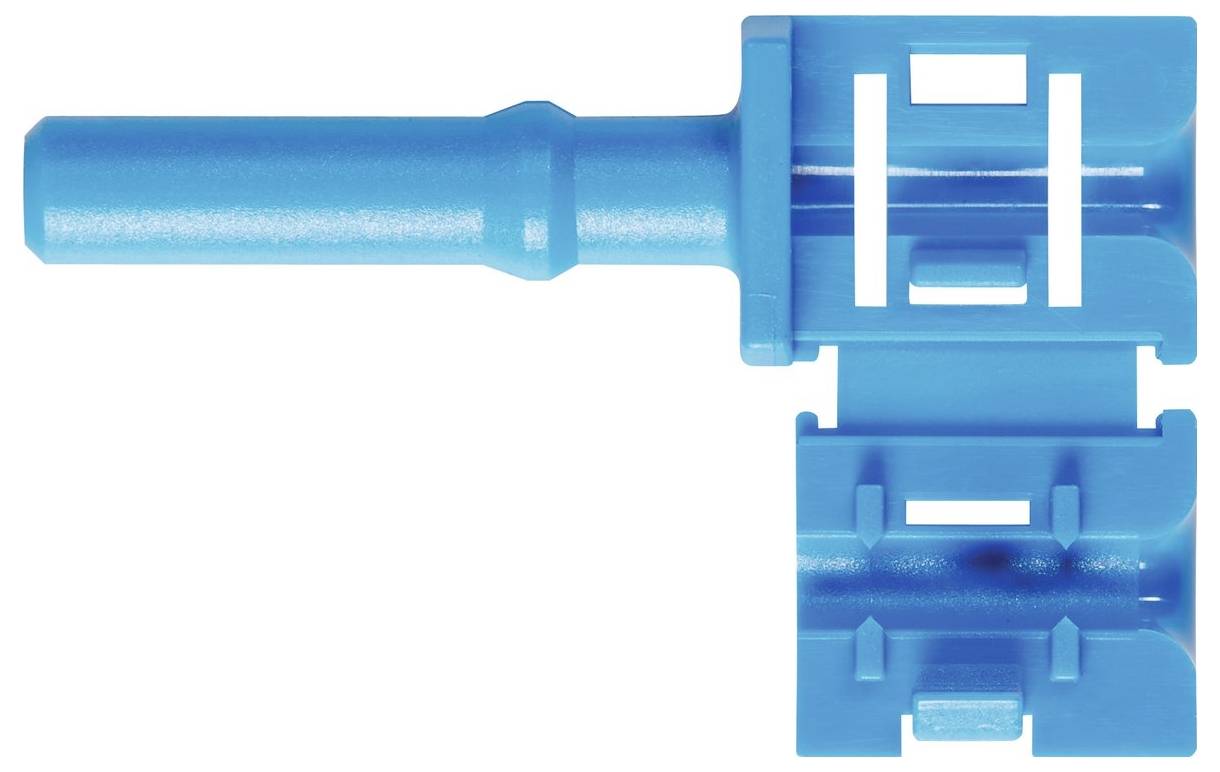 Un utensile blu di plastica con un manico cilindrico e una testa rettangolare che presenta fessure per scopi diversi.