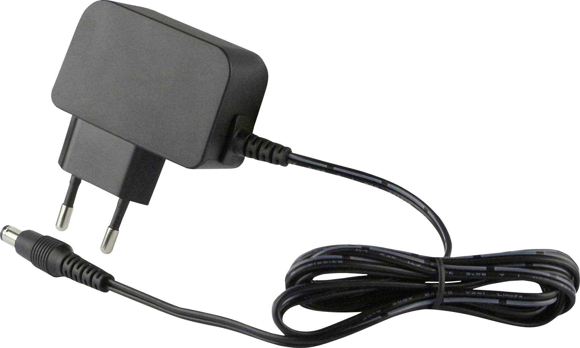 Un adattatore elettrico nero con una spina a due poli e un cavo integrato, utilizzato per alimentare dispositivi elettronici.