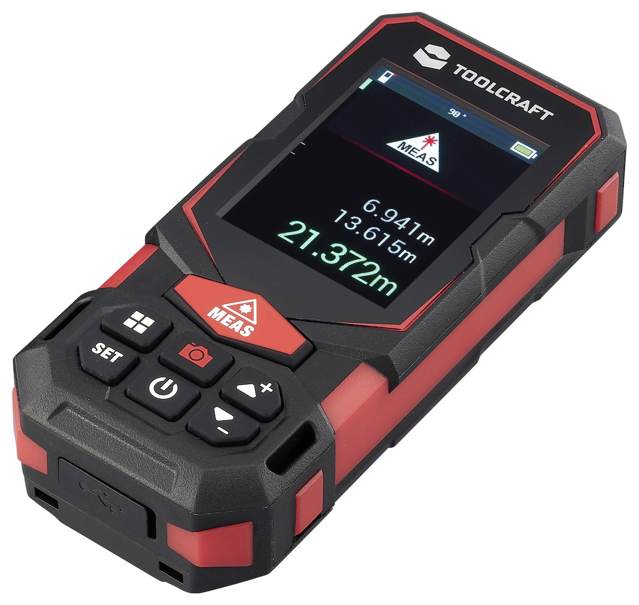 Misuratore di distanza laser portatile TOOLCRAFT che visualizza le distanze misurate sul display, con pulsanti di controllo e robusto involucro nero-rosso.