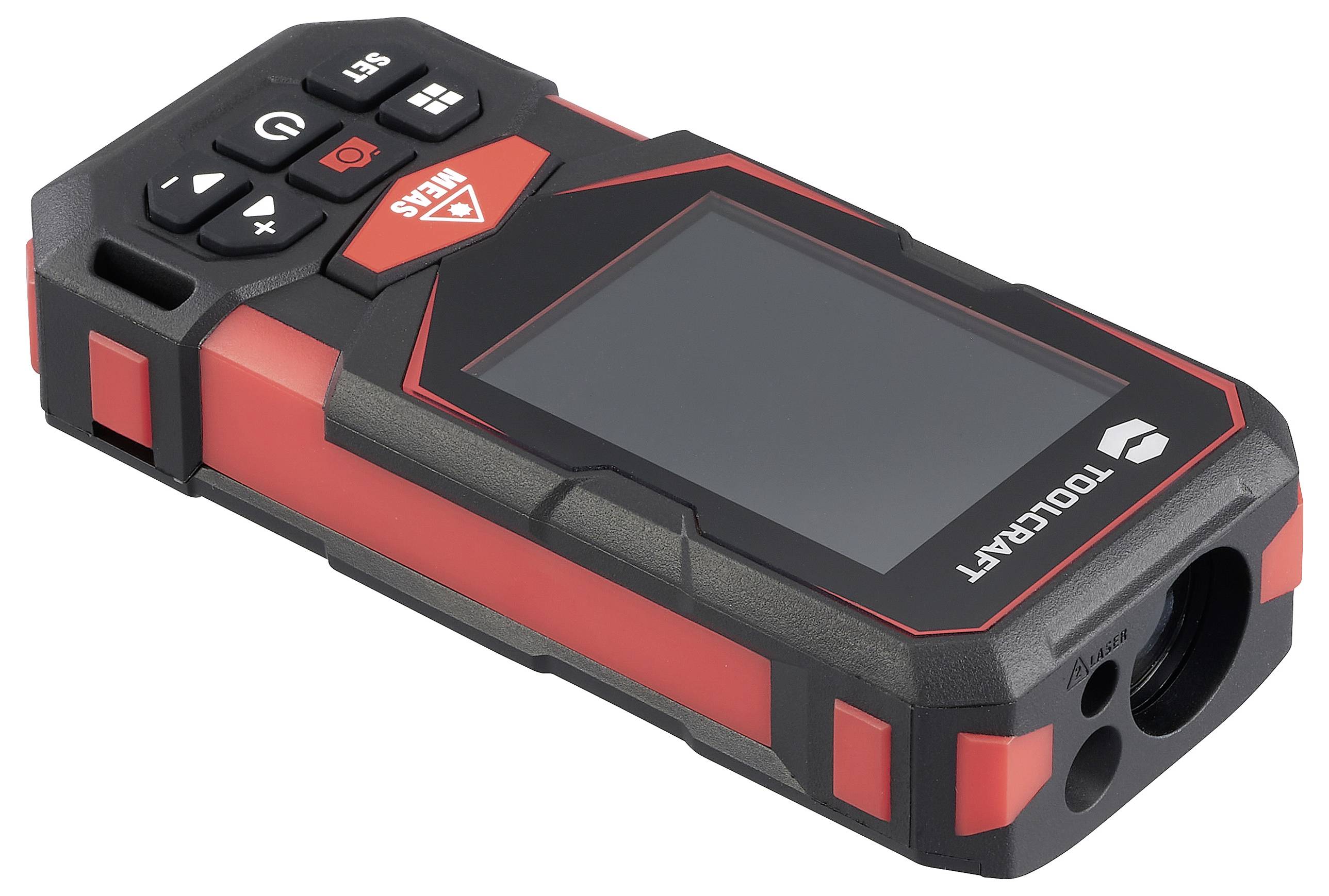 Telemetro laser portatile con schermo di visualizzazione, corpo rosso e nero e pulsanti di controllo sulla parte superiore.