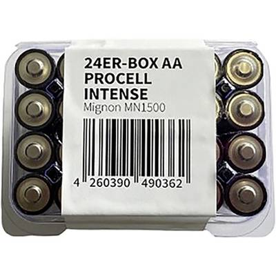 È mostrata una confezione di plastica contenente 24 batterie AA Procell Intense. L'etichetta include 'Mignon MN1500' e un codice a barre.