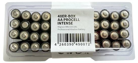 Un vassoio di plastica contenente 48 batterie alcaline professionali AA Procell Intense, etichettato '48ER-BOX AA Procell Intense' con un codice a barre.