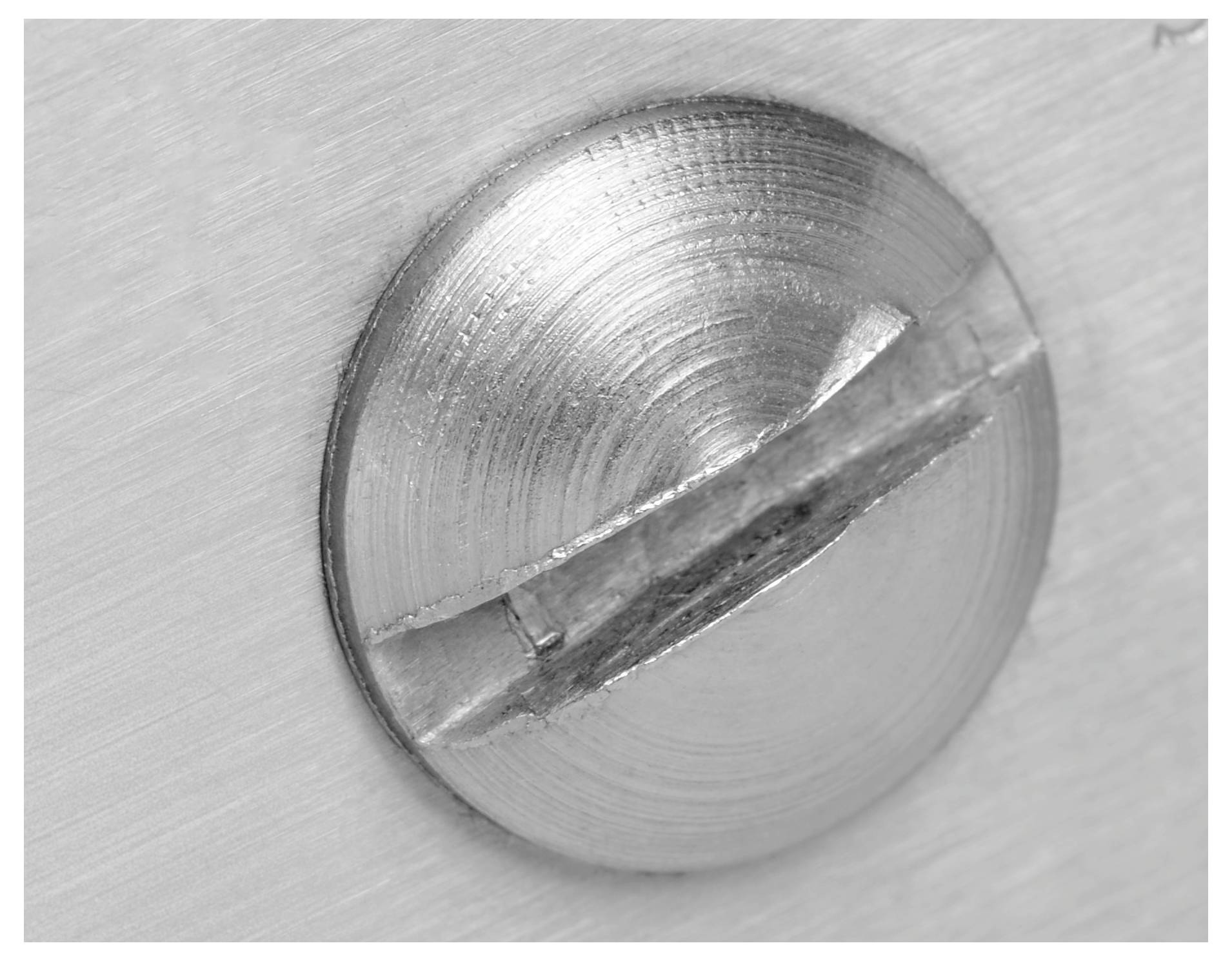 Primo piano di una vite metallica con testa a intaglio, inserita in una superficie liscia. L'immagine mette in risalto le scanalature circolari e il bagliore della superficie.