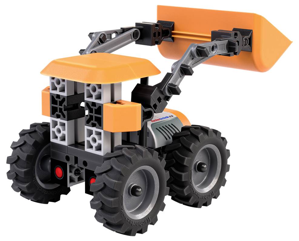 Un veicolo giocattolo da cantiere con grandi ruote e un tetto arancione, dotato di una benna anteriore mobile.
