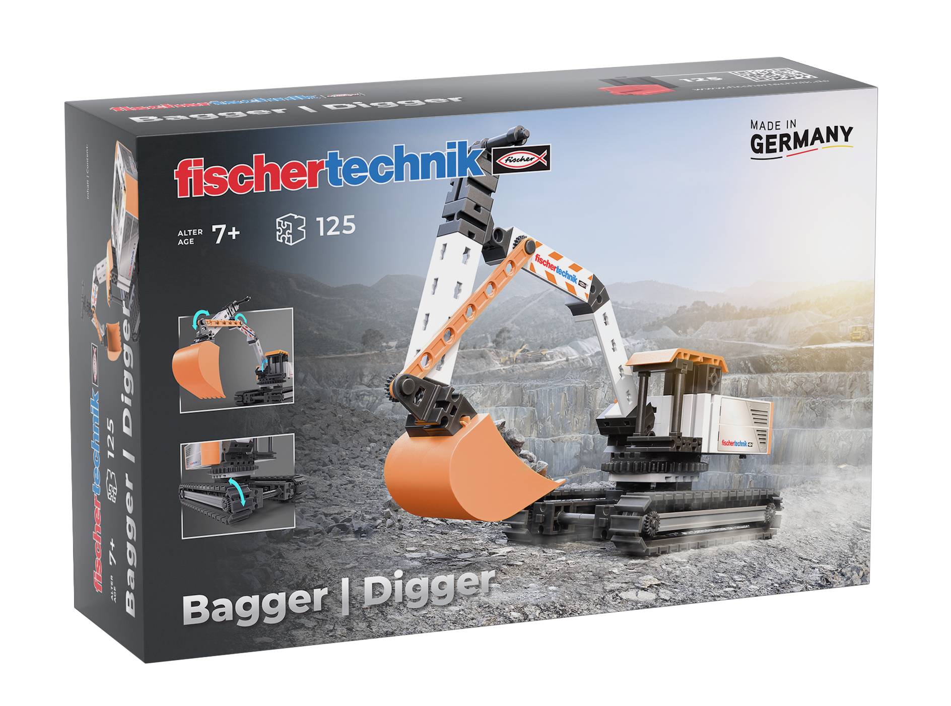Kit modello 'Bagger | Escavatore' per età 7+, 125 pezzi, raffigurante un escavatore giocattolo in un paesaggio roccioso. Prodotto in Germania.