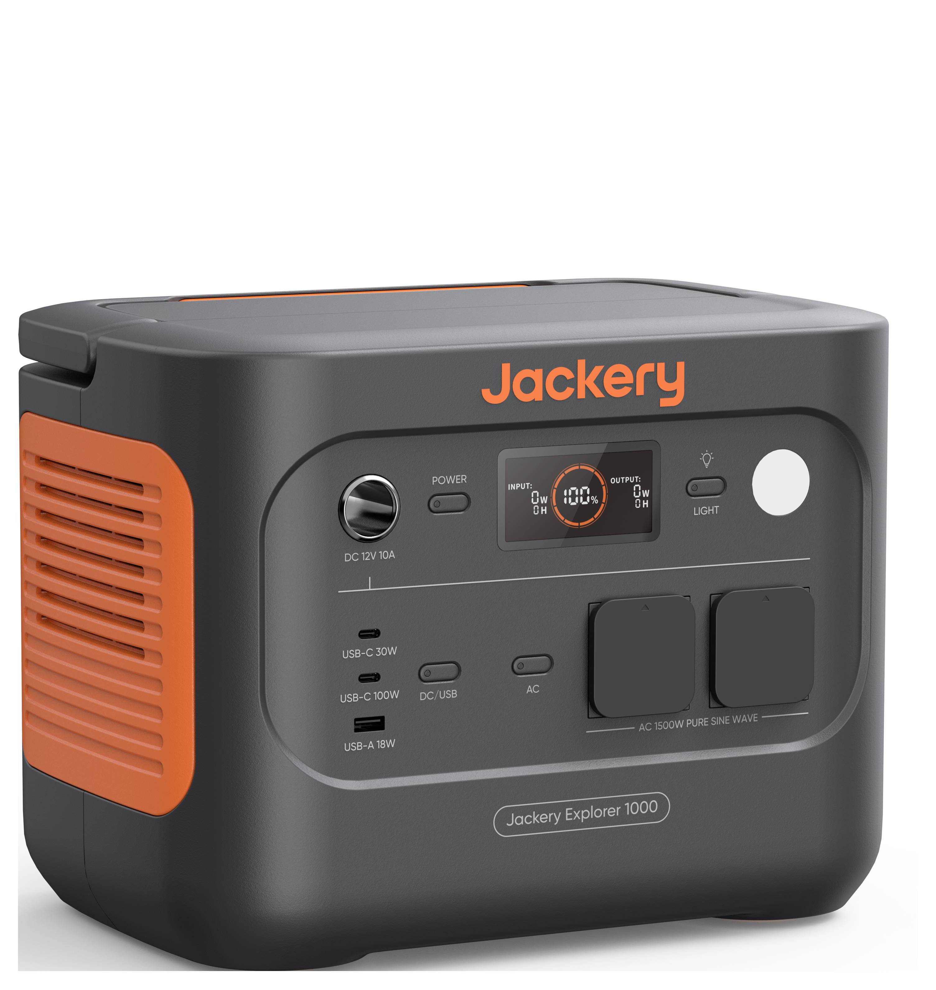 Una stazione di alimentazione portatile con multiple prese, tra cui porte USB e AC. Il prodotto è etichettato 'Jackery Explorer 1000'.