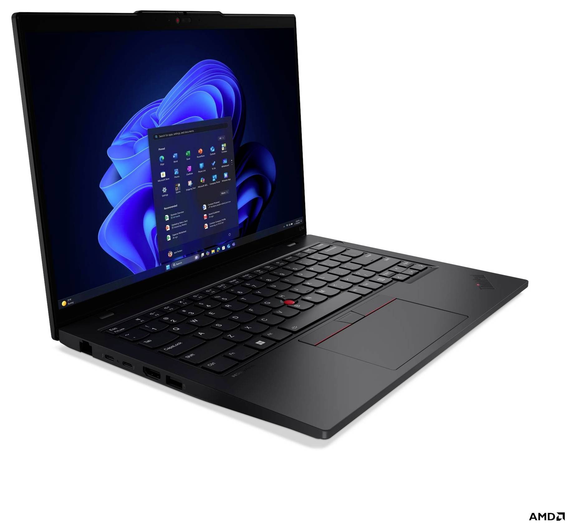 Un laptop elegante, nero, con interfaccia Windows 11 visibile. Lo schermo mostra un menu di avvio e la tastiera presenta un trackpoint rosso.