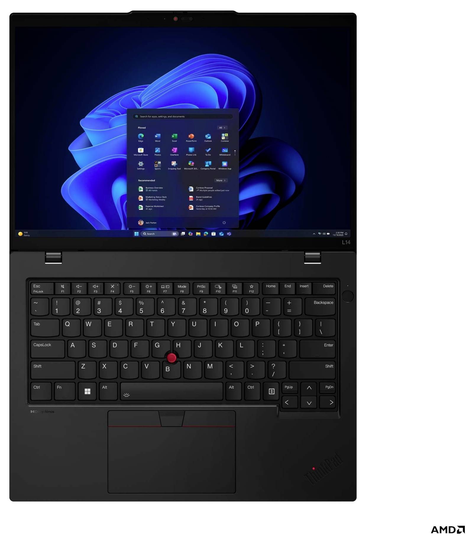 Un laptop nero con uno schermo aperto che mostra il menu di avvio di Windows 11. La tastiera presenta un trackpoint rosso al centro.