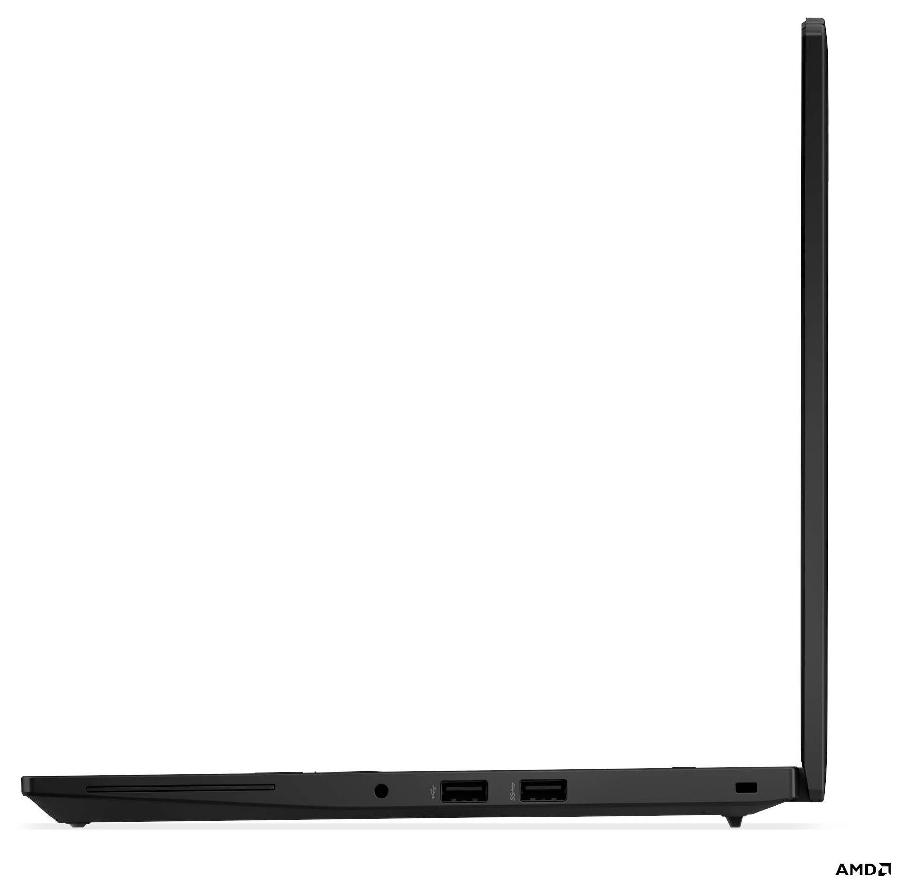 Un sottile laptop nero mostrato di lato, parzialmente aperto. Due porte USB sono visibili sul lato, enfatizzando il design sottile.