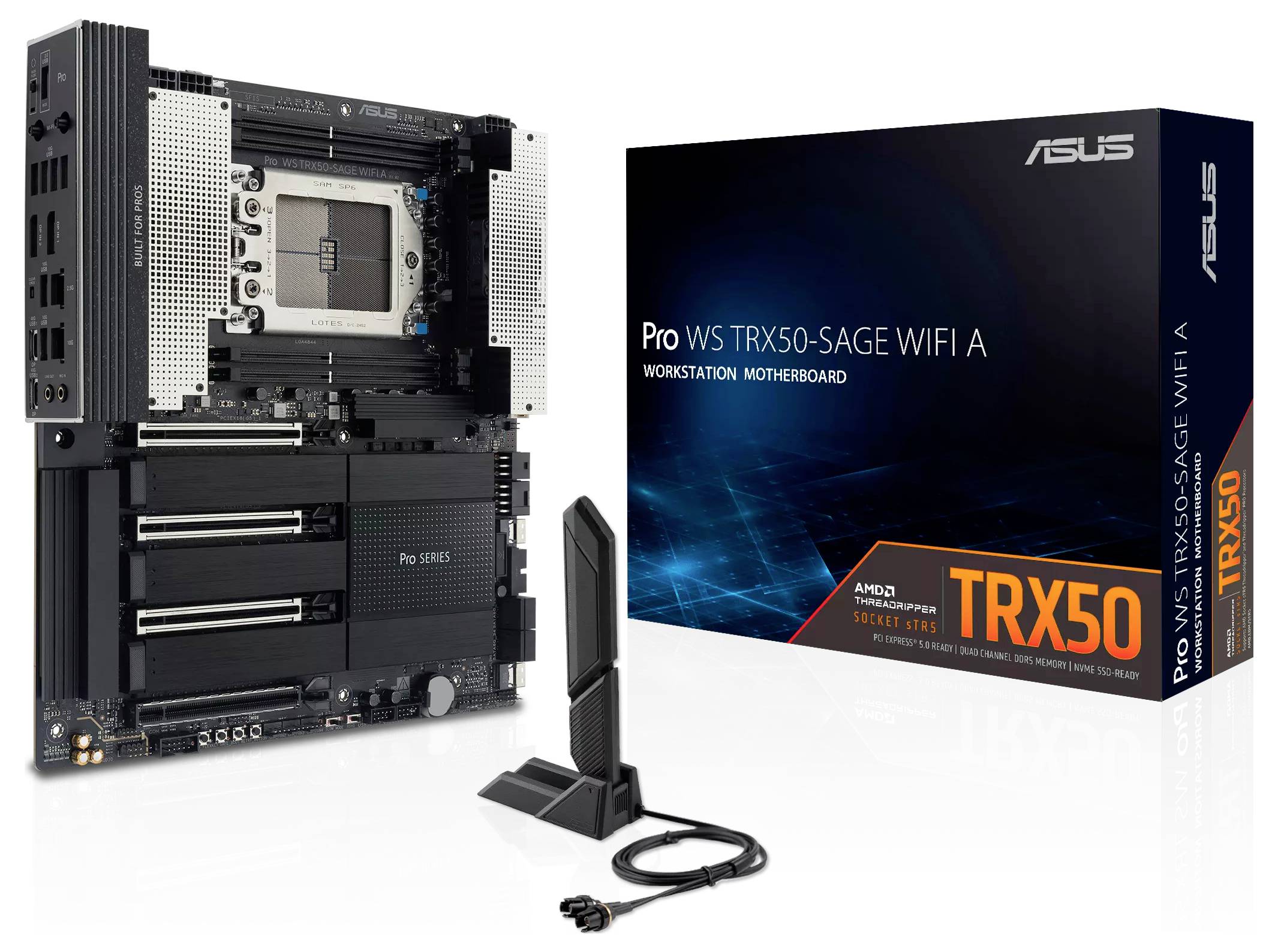 Scheda madre per workstation ASUS Pro WS TRX50-SAGE WIFI visualizzata con la sua scatola e antenna WiFi, che enfatizza il supporto per AMD.