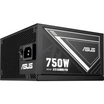 Alimentatore da gioco Asus da 750W ATS in un involucro nero con dettagli bianchi, dotato di interruttore di accensione e ventilazione sul lato.