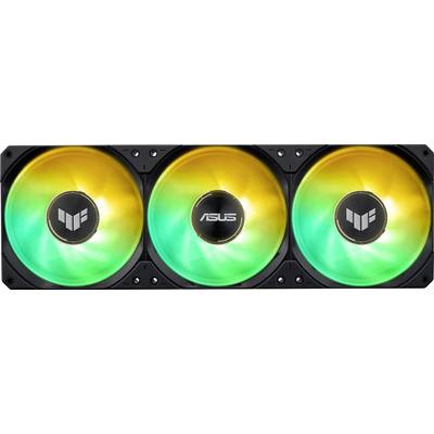 Una fila di tre ventole di raffreddamento per computer con illuminazione RGB, che mostrano colori giallo e verde, con i loghi 'ASUS' e 'TUF'.