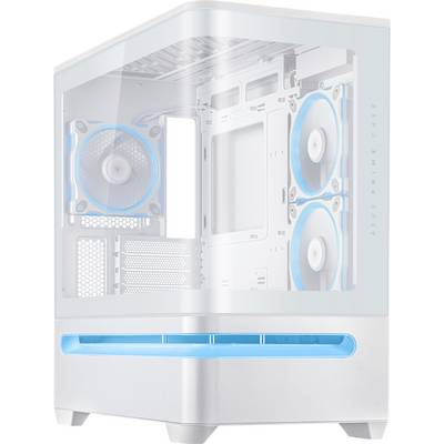 Un case per computer bianco con lati trasparenti mostra tre ventole di raffreddamento illuminate di blu, esibendo un design moderno e minimalista.