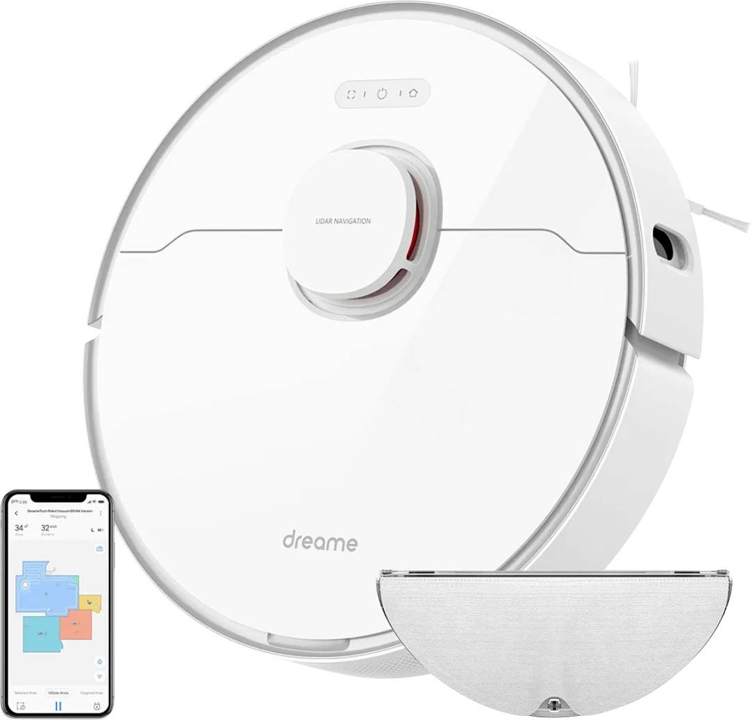 Aspirapolvere robot con design circolare, dotato di sensore di navigazione. L'app per smartphone visualizza la mappa delle pulizie. Include un accessorio per la pulizia a umido.