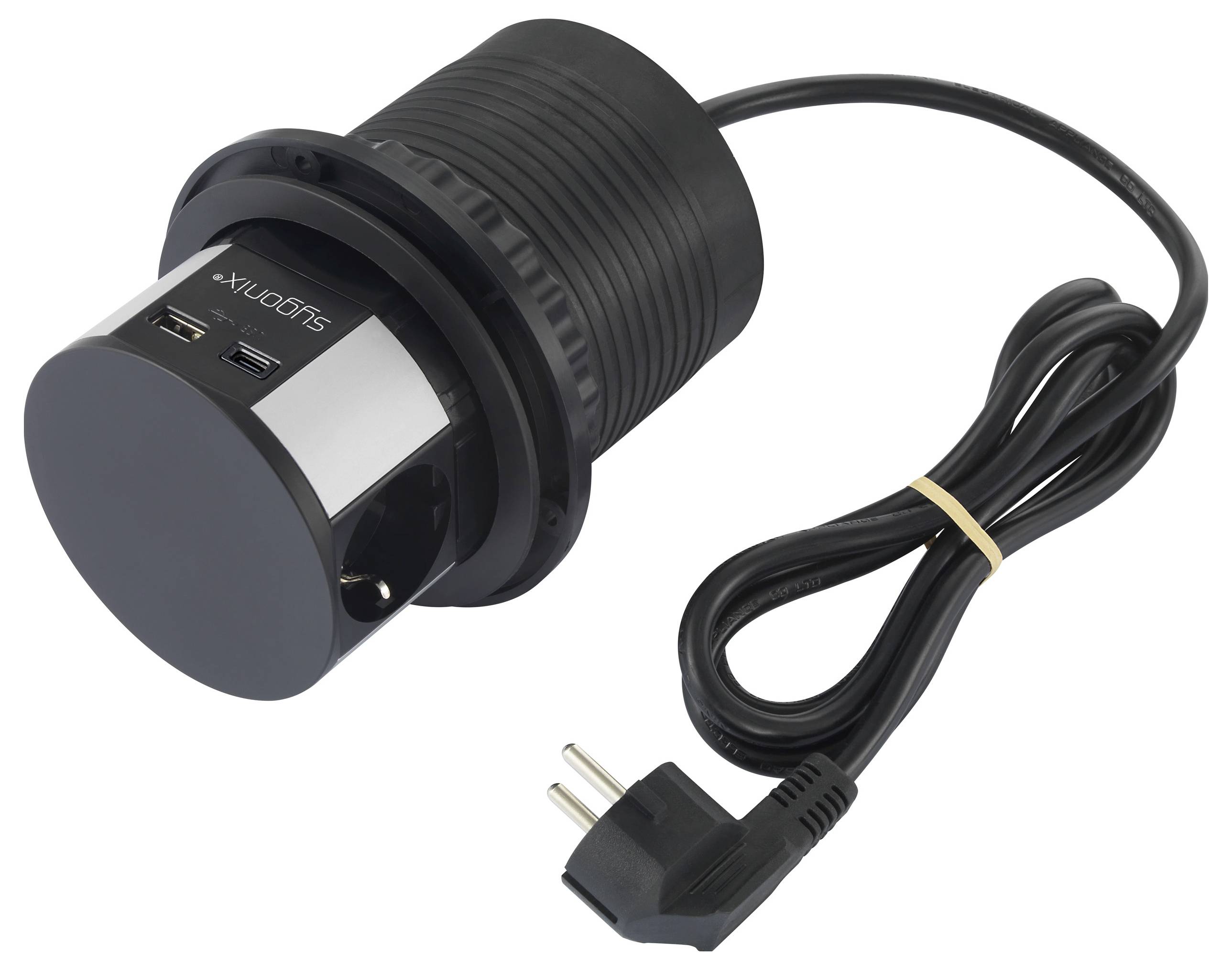 Un hub di alimentazione nero cilindrico con più porte USB e un cavo di alimentazione è arrotolato ordinatamente accanto ad esso, pronto per il collegamento elettrico.