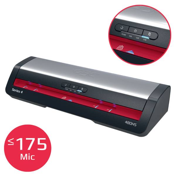 Una macchina per la laminazione con pulsanti di controllo in cima e '≤175 Mic' visualizzato in un cerchio rosso.