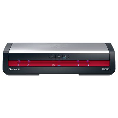 Un plastificatore nero e argento, etichettato 'Serie 4' e '480HS', presenta un design elegante con pulsanti di controllo sulla parte superiore e un pannello frontale rosso.