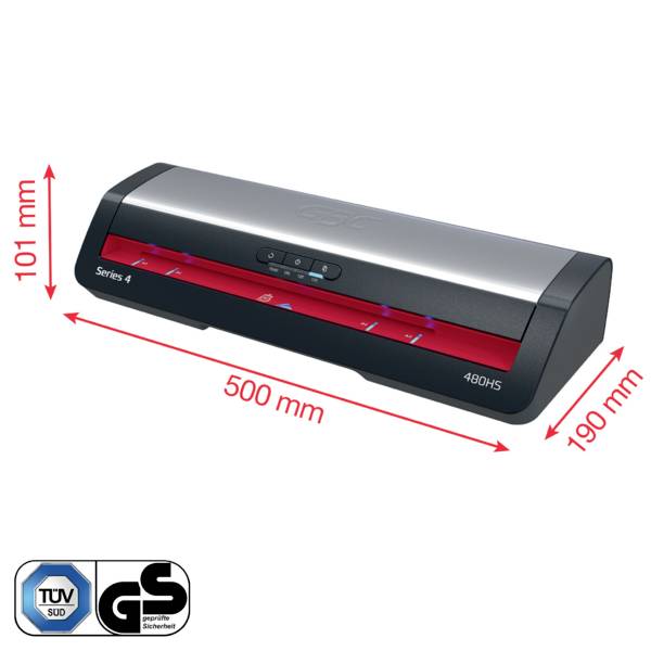 'Macchina per plastificazione, Serie 4, modello 480HS, dimensioni: larghezza 500 mm, altezza 101 mm, profondità 190 mm. Dotata di loghi di certificazione TÜV SÜD e GS.'