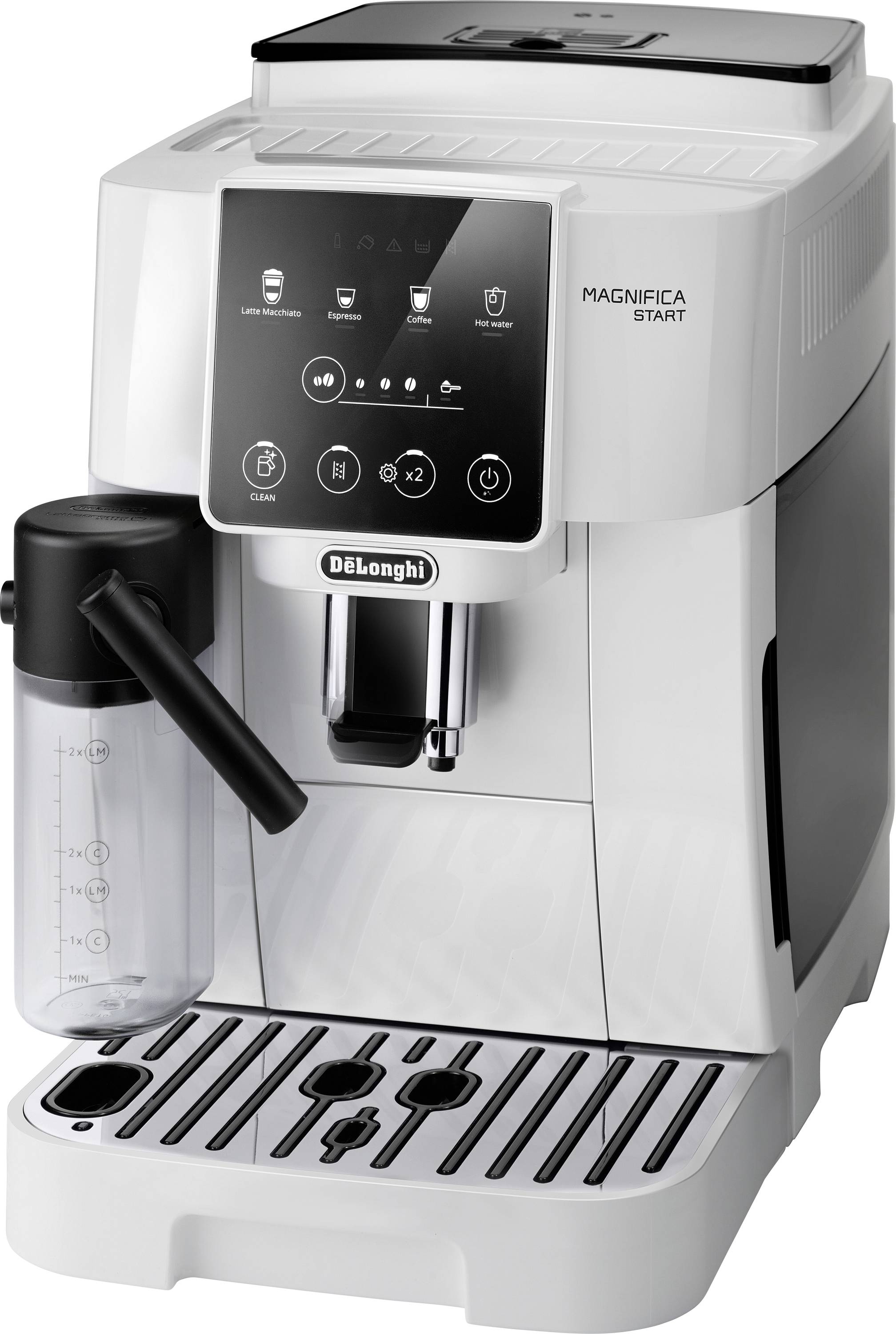 Una macchina da caffè De'Longhi Magnifica Start bianca con schiumalatte e pannello di controllo.