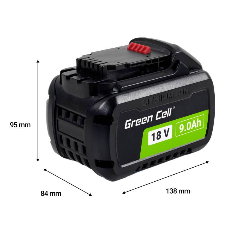 Una batteria al litio Black Green Cell 18V 9.0Ah. Le dimensioni sono 138 mm di lunghezza, 84 mm di larghezza e 95 mm di altezza.