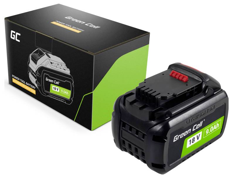 Batteria per utensili elettrici agli ioni di litio Verde da 18V 9.0Ah, mostrata accanto alla sua confezione, che evidenzia i dettagli della batteria e del marchio.