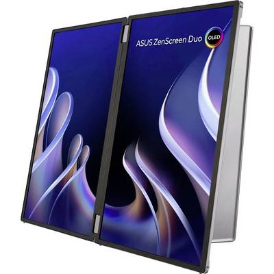 ASUS ZenScreen Duo OLED che mostra due schermi con grafiche d'onda astratte, evidenziando le capacità versatili di multitasking.