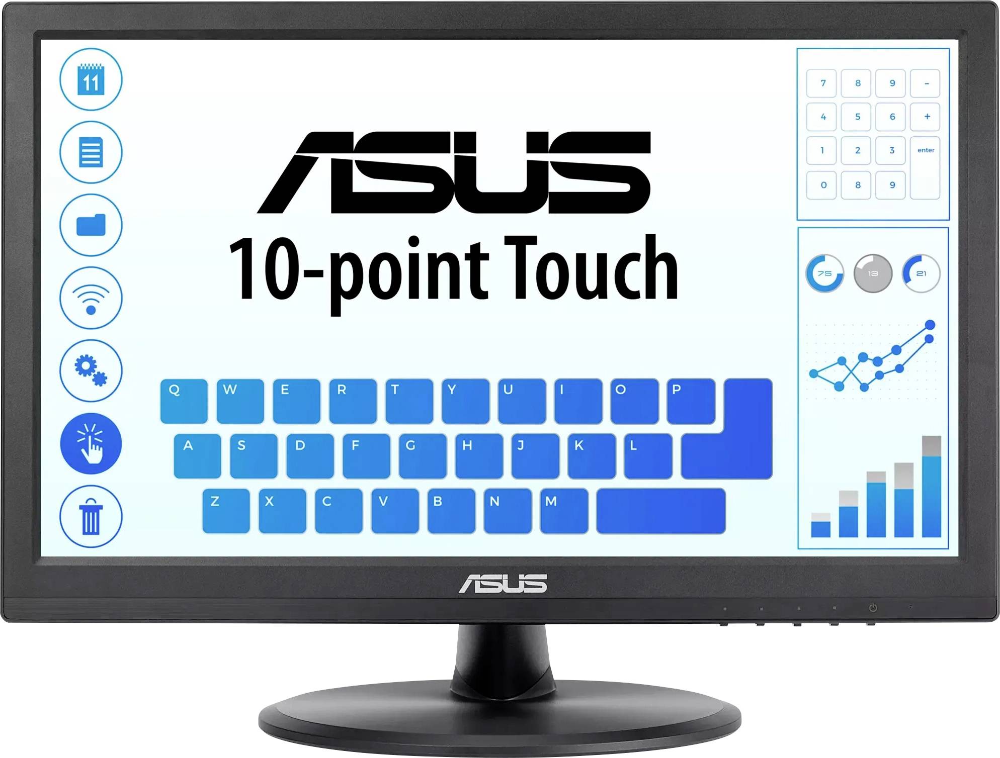 Un monitor touchscreen che mostra il testo 'ASUS 10-point Touch' con icone per varie impostazioni e una tastiera virtuale sullo schermo.