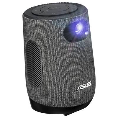 Proiettore portatile ASUS con esterno in tessuto che proietta luce blu.