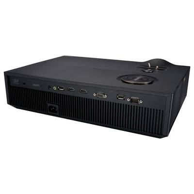 Vista posteriore di un proiettore multimediale nero che mostra varie porte, tra cui HDMI, USB, VGA e un jack audio, sottolineando le opzioni di connettività.