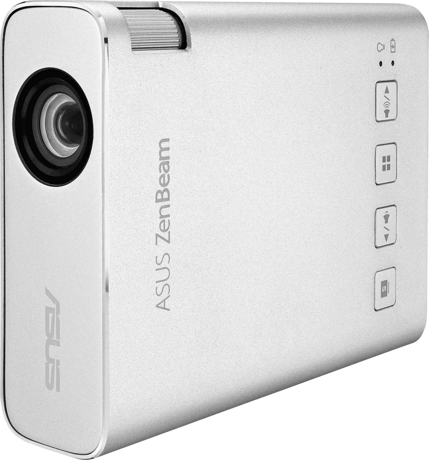 Proiettore compatto in argento Asus ZenBeam con obiettivo su un lato e tre pulsanti di controllo sul davanti.