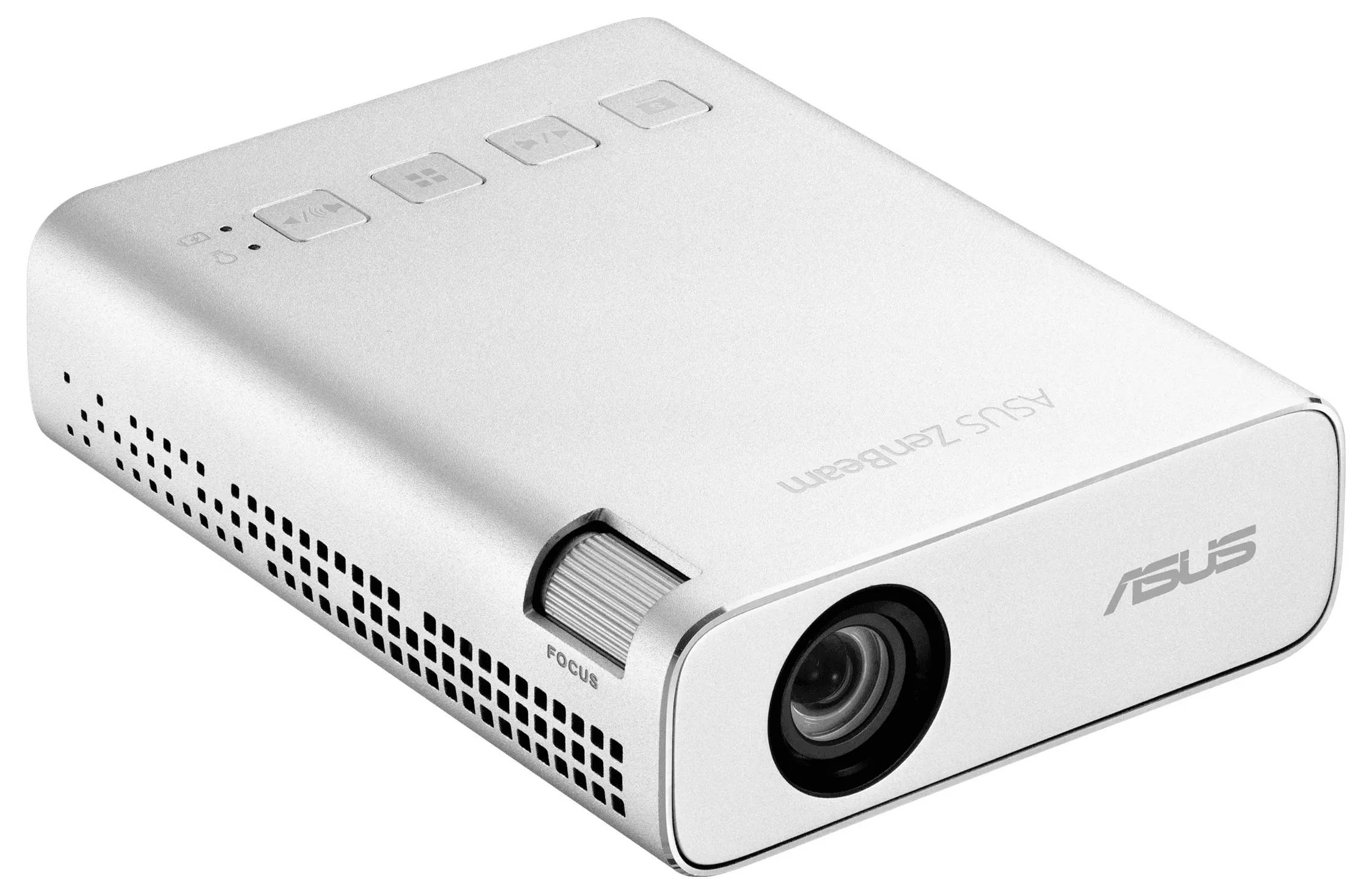 Un proiettore multimediale compatto, color argento, con ghiera di messa a fuoco e comandi a pulsante sulla parte superiore, adatto per presentazioni portatili.