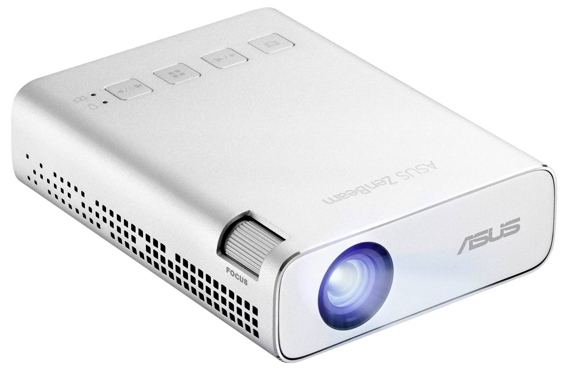 Un proiettore compatto portatile con una ghiera di messa a fuoco e un obiettivo illuminato, che mostra il logo del marchio su un elegante involucro argentato.