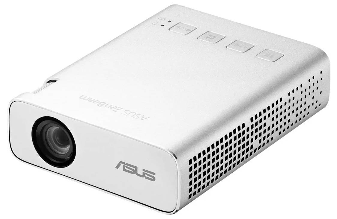 Proiettore compatto argentato con obiettivo e pulsanti di controllo sulla parte superiore, con logo ASUS.