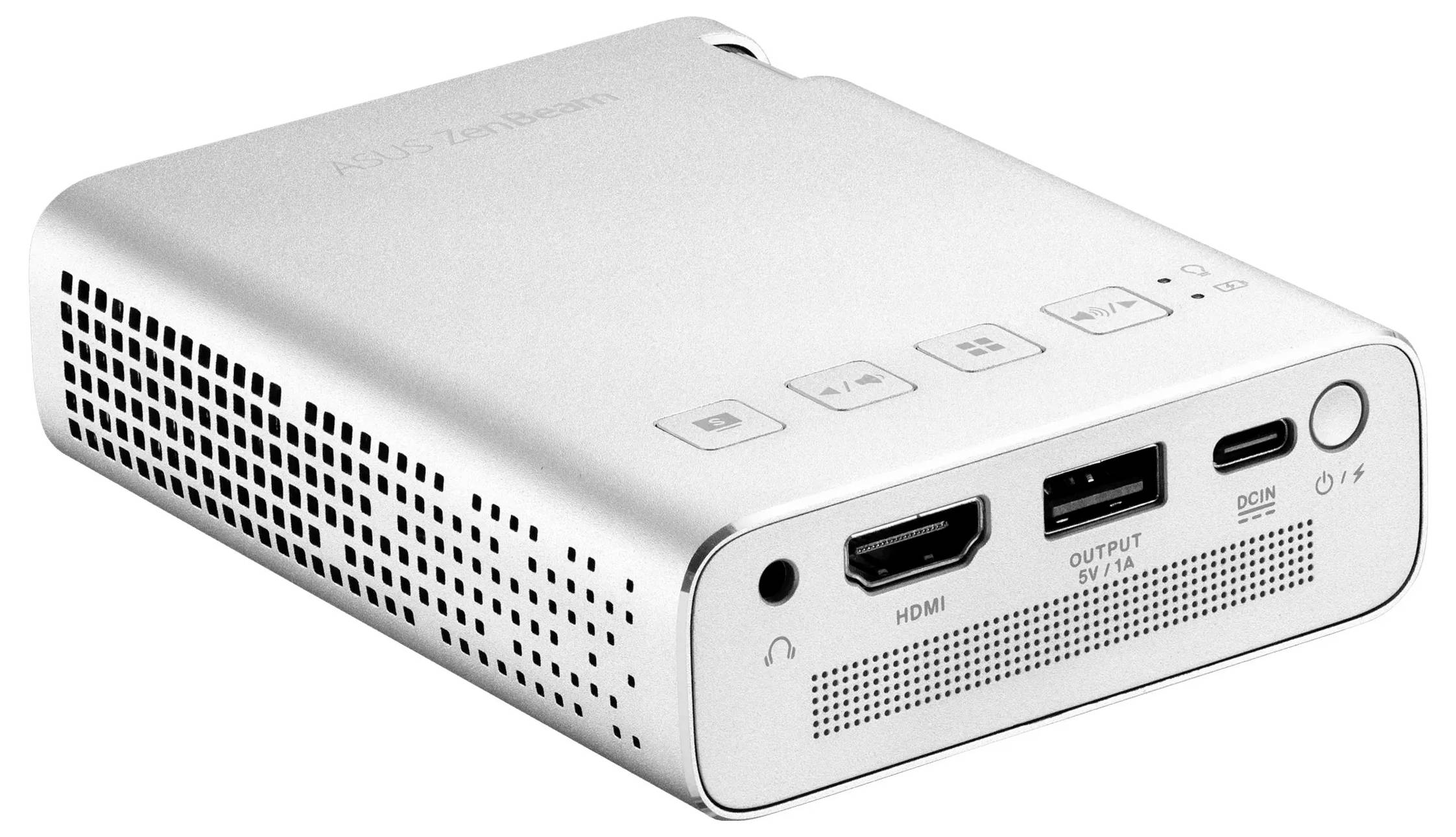 Proiettore compatto bianco con porte HDMI e USB, pulsanti di controllo sulla parte superiore e piccole perforazioni di ventilazione sui lati.