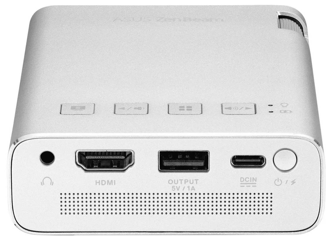 Un proiettore compatto e portatile con porte HDMI, USB e ingresso DC, progettato per presentazioni multimediali e una connettività semplice.