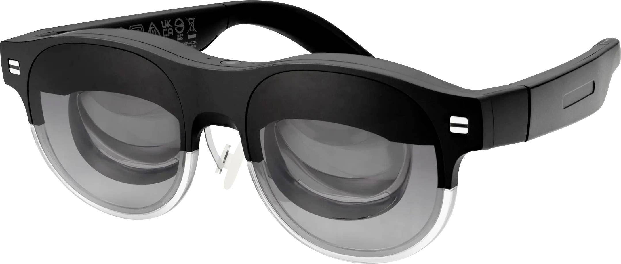 Un paio di occhiali neri high-tech con lenti a più strati, che riflettono un design innovativo per funzioni visive specializzate.