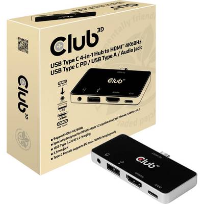 Un hub USB Type C Club3D 4 in 1 con HDMI, USB Type C PD, USB Type A e jack audio, mostrato accanto alla sua confezione.