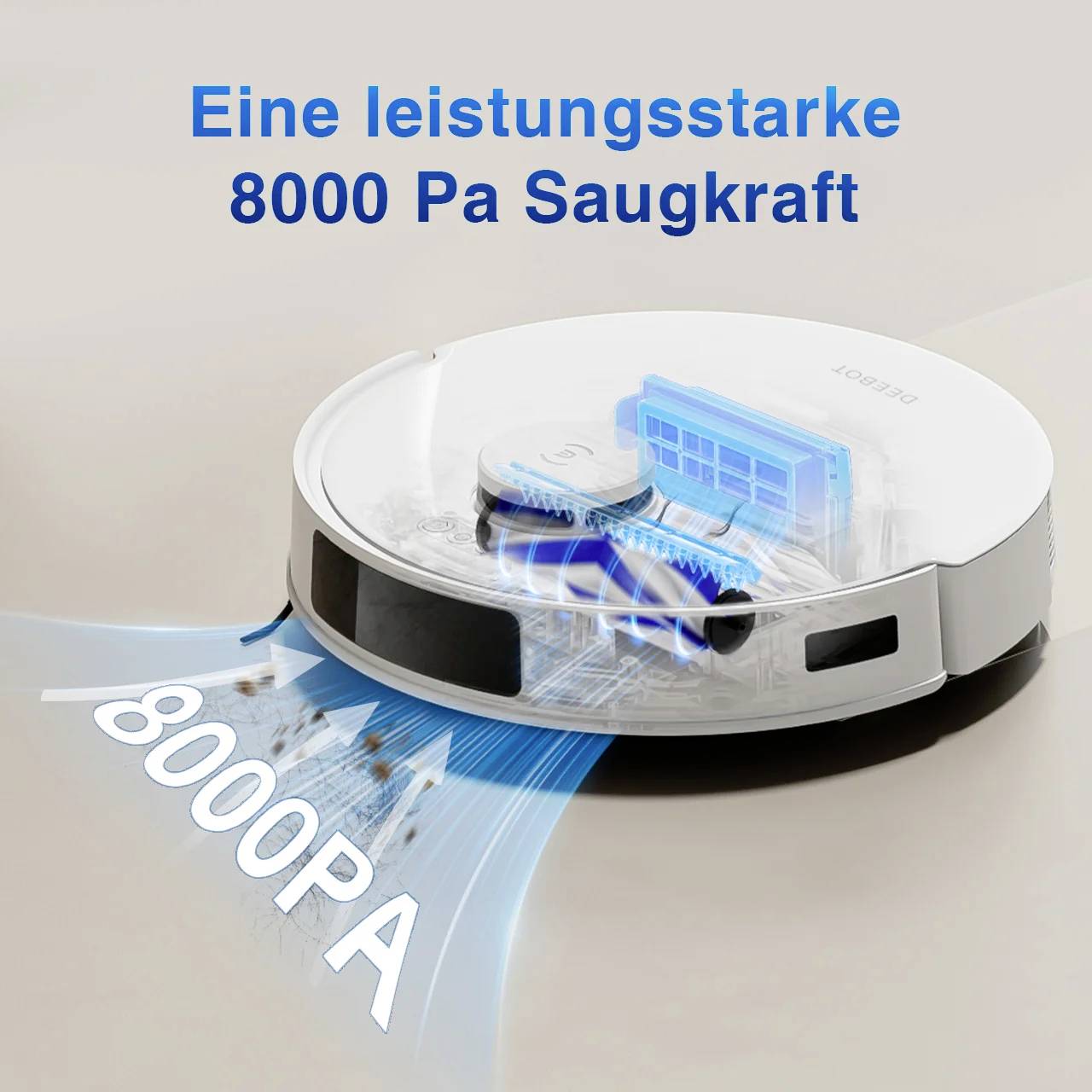 Un aspirapolvere robotico bianco con display digitale che mostra la sua potente aspirazione da 8000 Pa. Testo sopra recita 'Una potenza di aspirazione da 8000 Pa'.