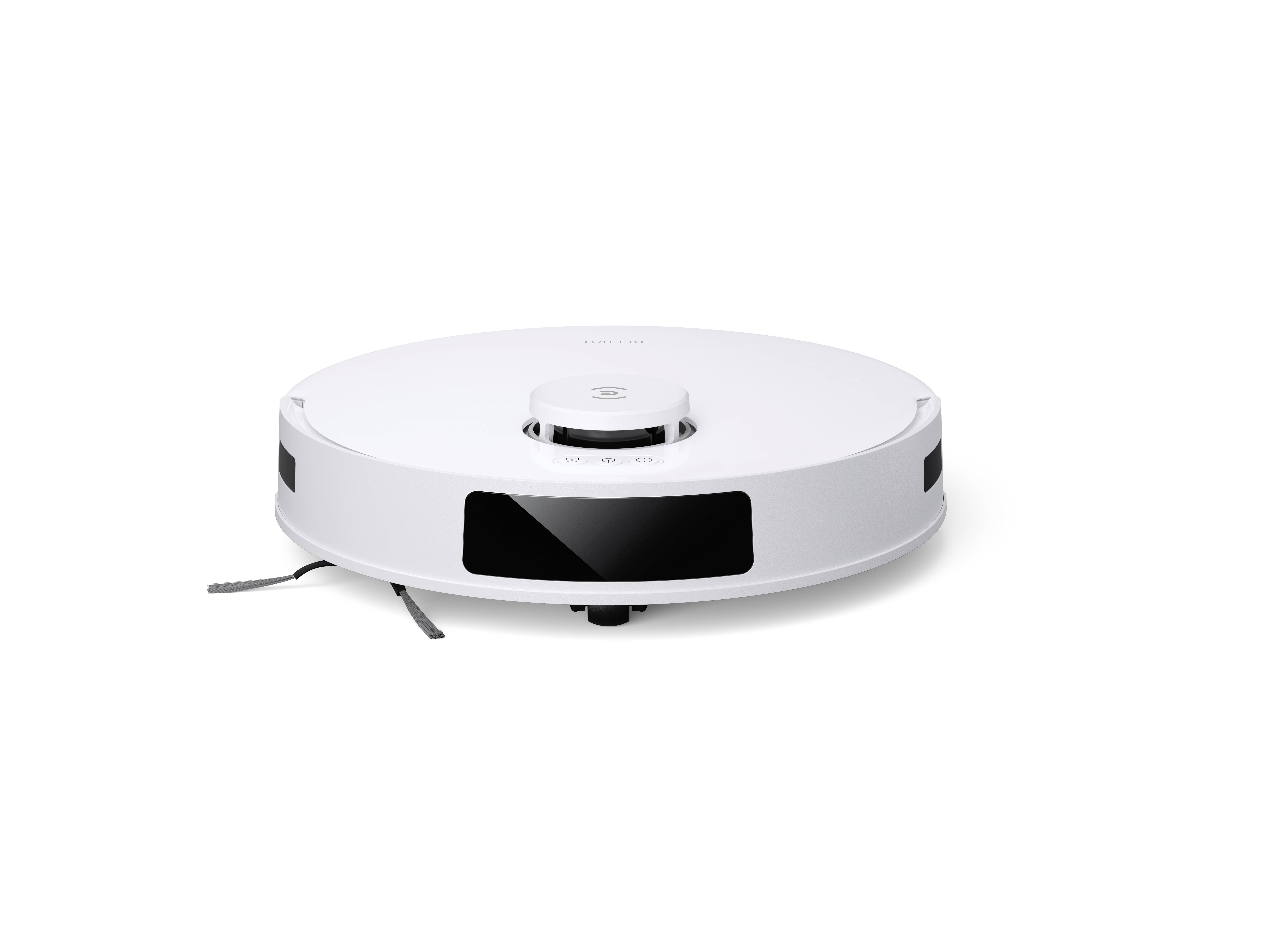 Un aspirapolvere robotico bianco dal design circolare è posizionato su uno sfondo neutro.