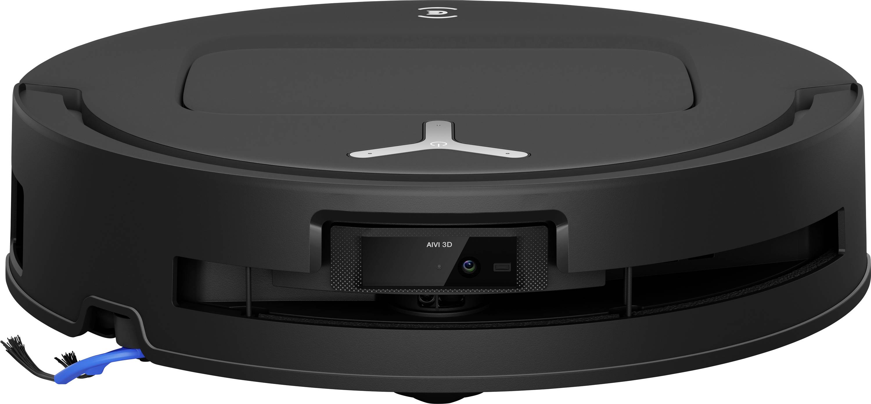 Un aspirapolvere robotico nero e elegante, ripreso da un'angolazione bassa, che evidenzia il suo design arrotondato, le telecamere e i sensori.