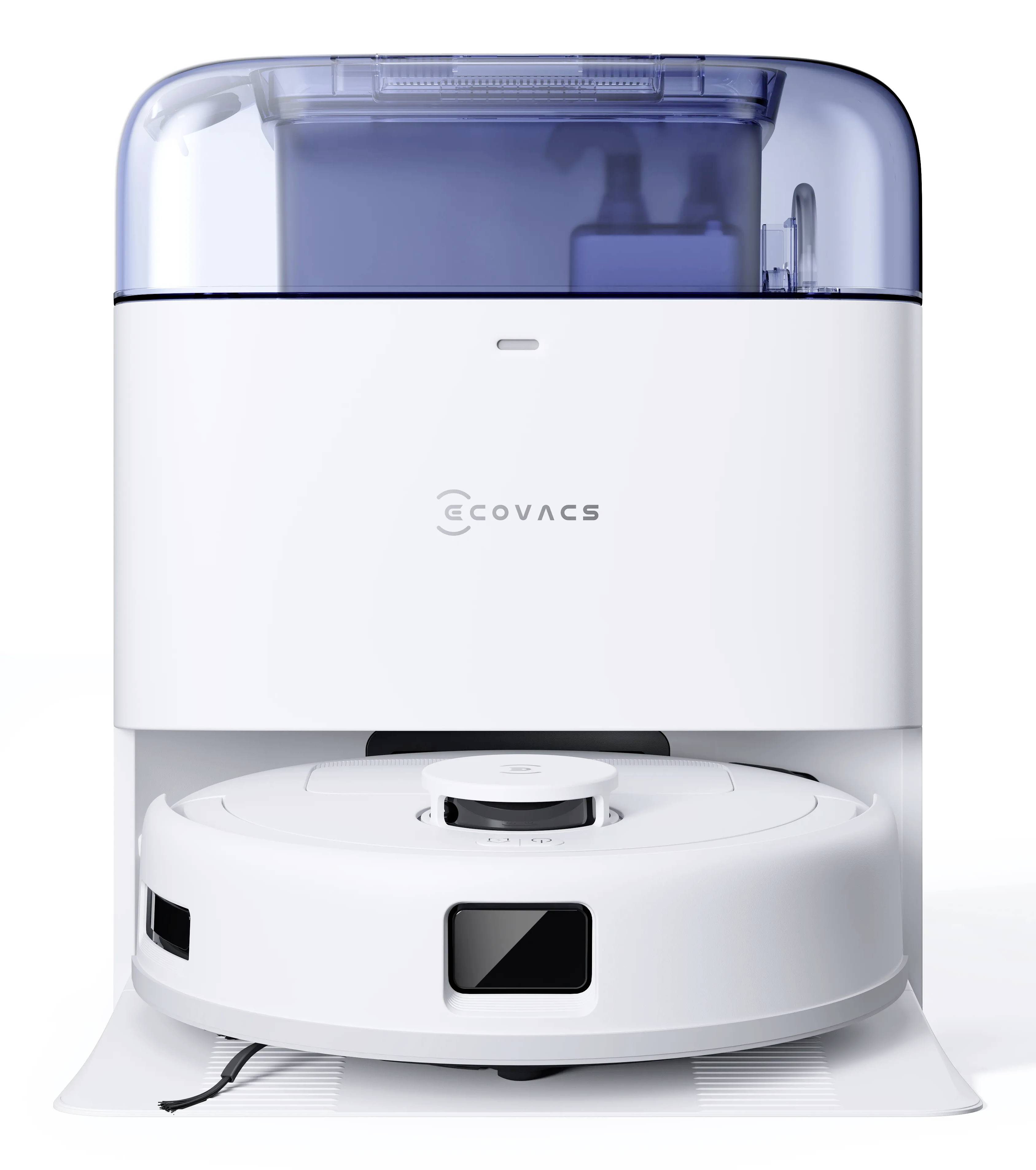 Un aspirapolvere robot elegante, bianco, e la sua stazione di ricarica sono esposti in primo piano, esaltando un design moderno e una funzionalità all'avanguardia.